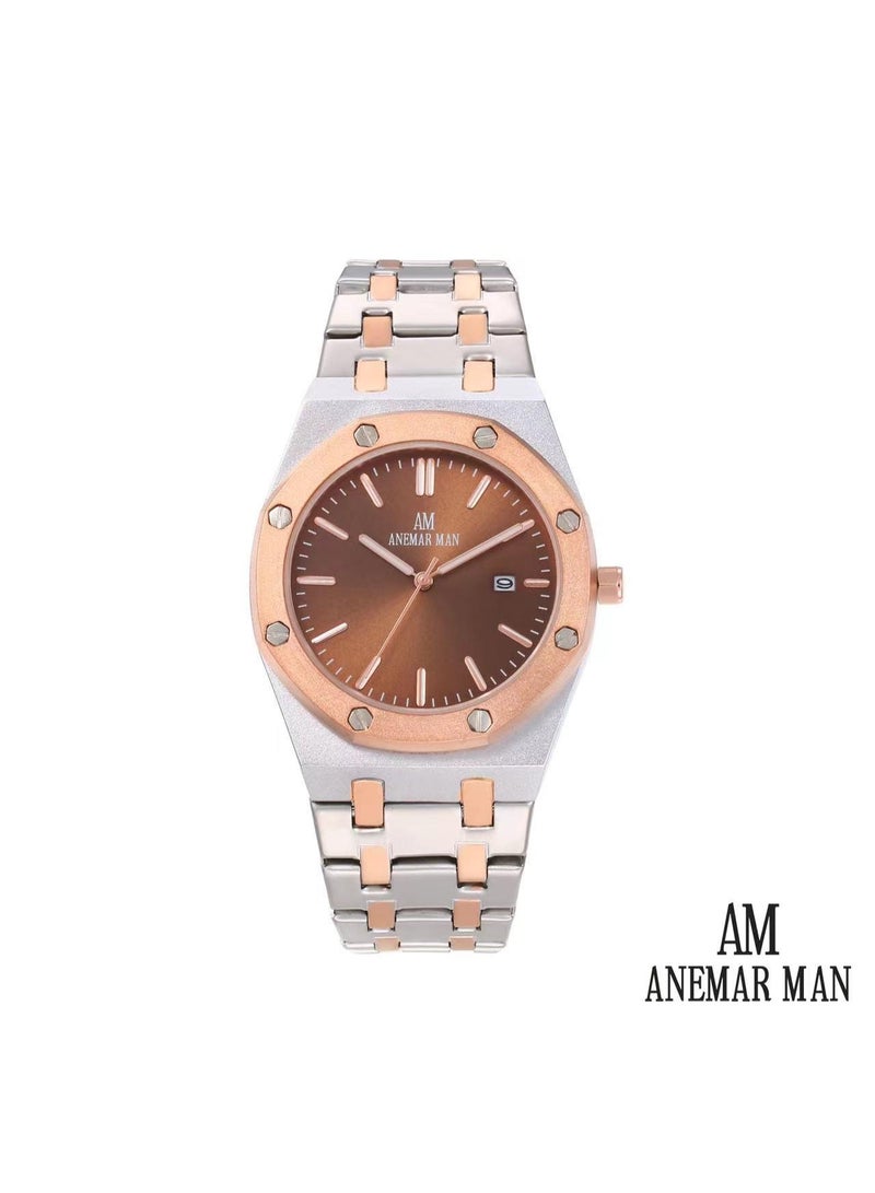 ANEMAR MAN High-quality, water-resistant men's stainless steel wristwatch with a silver and bronze strap and brown dial.
