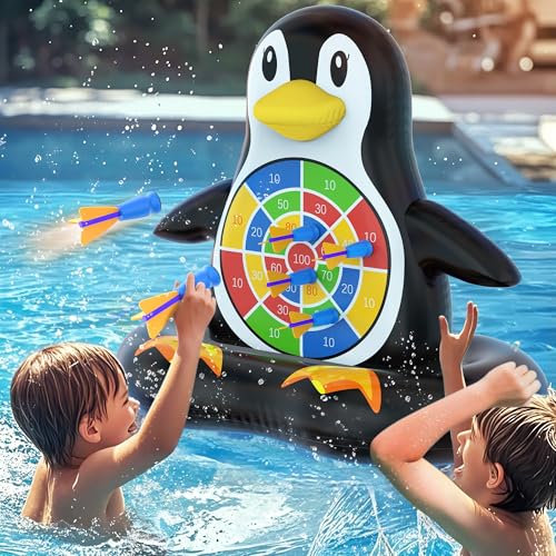 MOONTOY Pool Toys for Kids Inflatable Penguin Dart Board Game Pool Games for Beach Backyard Summer Water Toys for Boys Girls Ages 612 Teens Adults Pump Included - Image 1