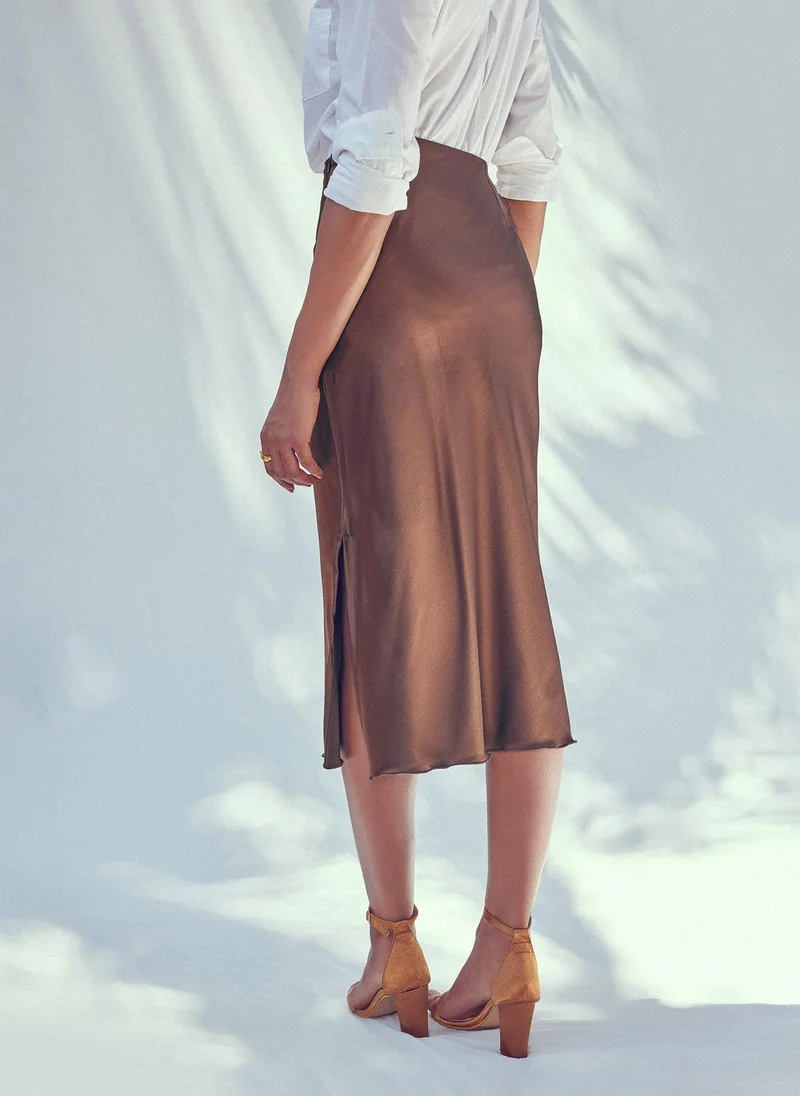 The Label Life Cocoa Satin Midi Skirt