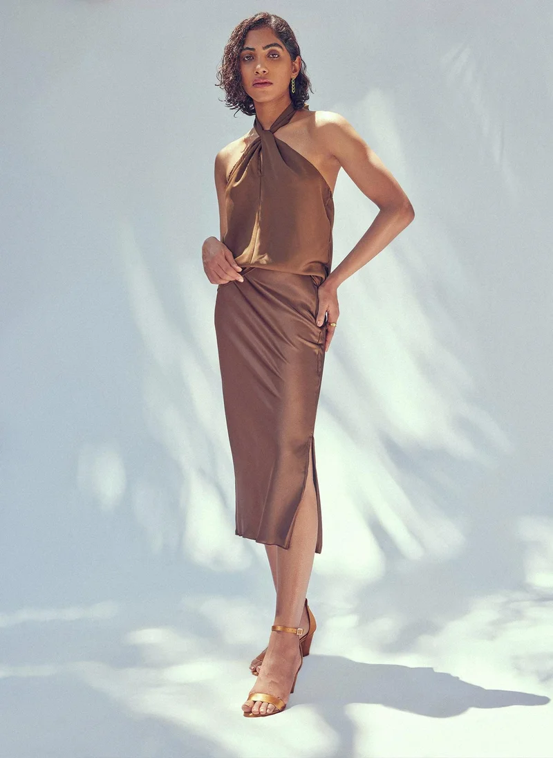 The Label Life Cocoa Satin Midi Skirt
