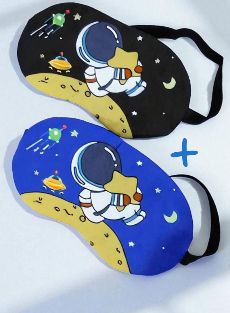 Generic 2 pieces of sleeping eye masks or other name sleeping glasses, soft and padded, made of polyester, blue and black color, printed with an astronaut drawing and an elastic strap. It is a special eye mask for sleeping or napping in the middle of the day. Suitable for use while traveling on a plane, car, or ship, or when relaxing or napping on the beach in the sun, or during a daytime nap on the living room sofa in a bright place. You can also gift it to your loved ones. - Image 1