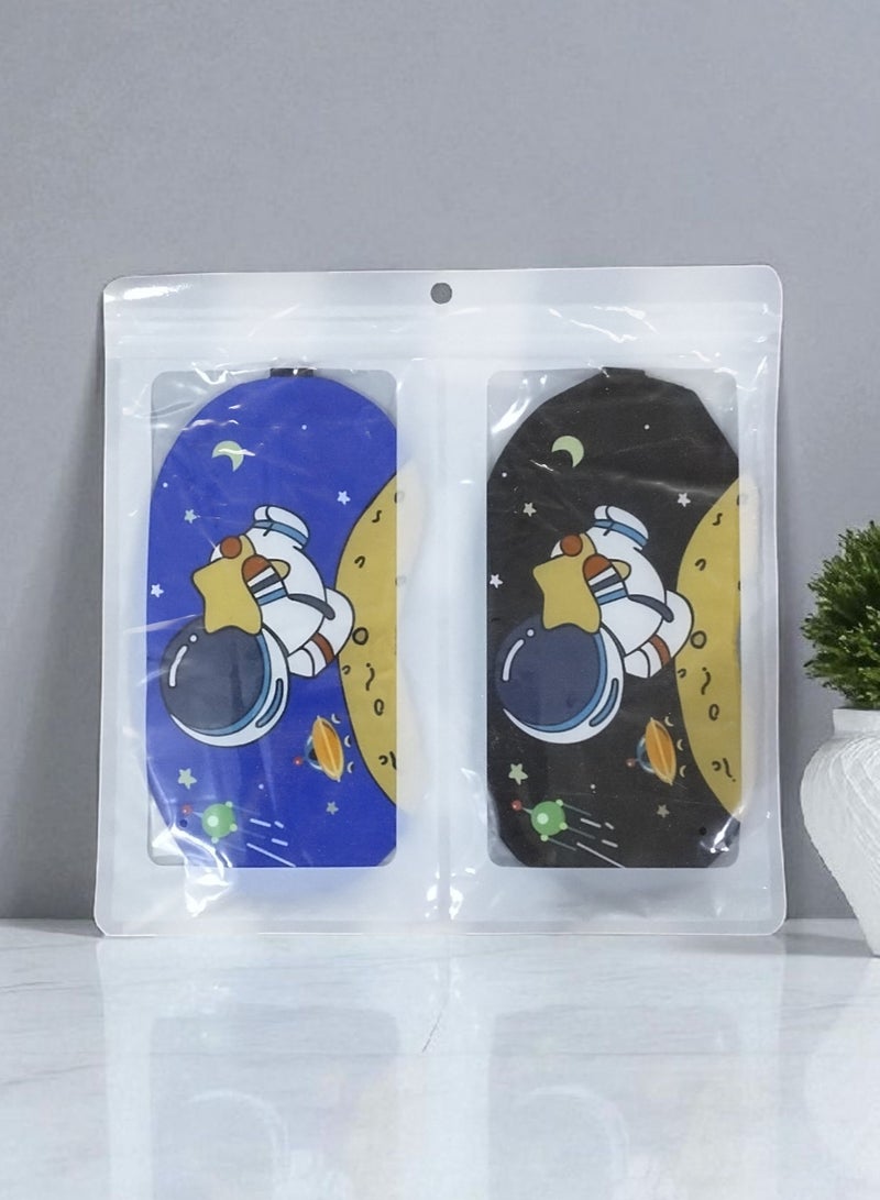 Generic 2 pieces of sleeping eye masks or other name sleeping glasses, soft and padded, made of polyester, blue and black color, printed with an astronaut drawing and an elastic strap. It is a special eye mask for sleeping or napping in the middle of the day. Suitable for use while traveling on a plane, car, or ship, or when relaxing or napping on the beach in the sun, or during a daytime nap on the living room sofa in a bright place. You can also gift it to your loved ones. - Image 3