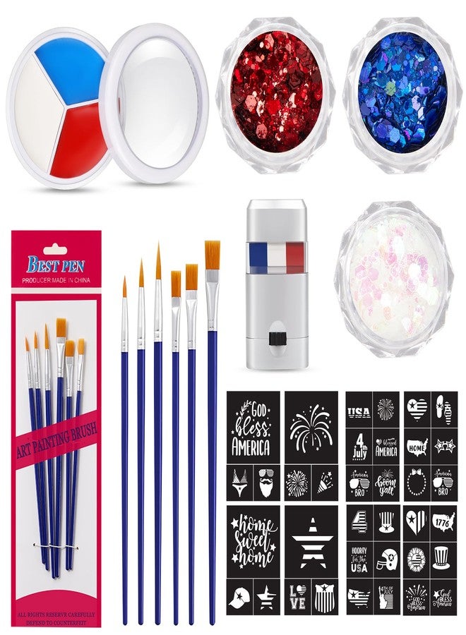 Demonwer 19 Pcs Halloween Face Paint Kit Red White Blue Face Paint Kit with Glitter Stencil Stickers Paint Stick Makeup Brush for Halloween Party Supplies - Image 1
