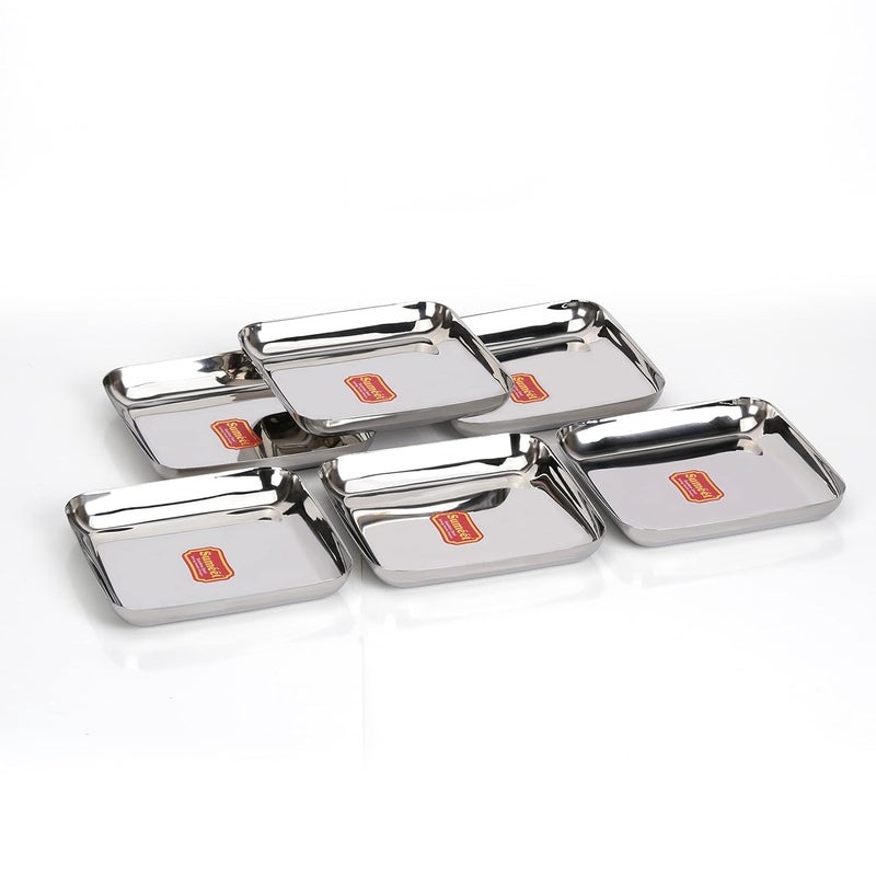 Sumeet Stainless Steel Medium Square Shape Plate/Snacks Plate/Breakfast Plate Set of 6pcs, 15cm dia, Silver - Image 1