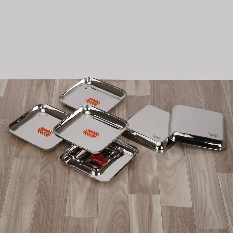 Sumeet Stainless Steel Medium Square Shape Plate/Snacks Plate/Breakfast Plate Set of 6pcs, 15cm dia, Silver - Image 5