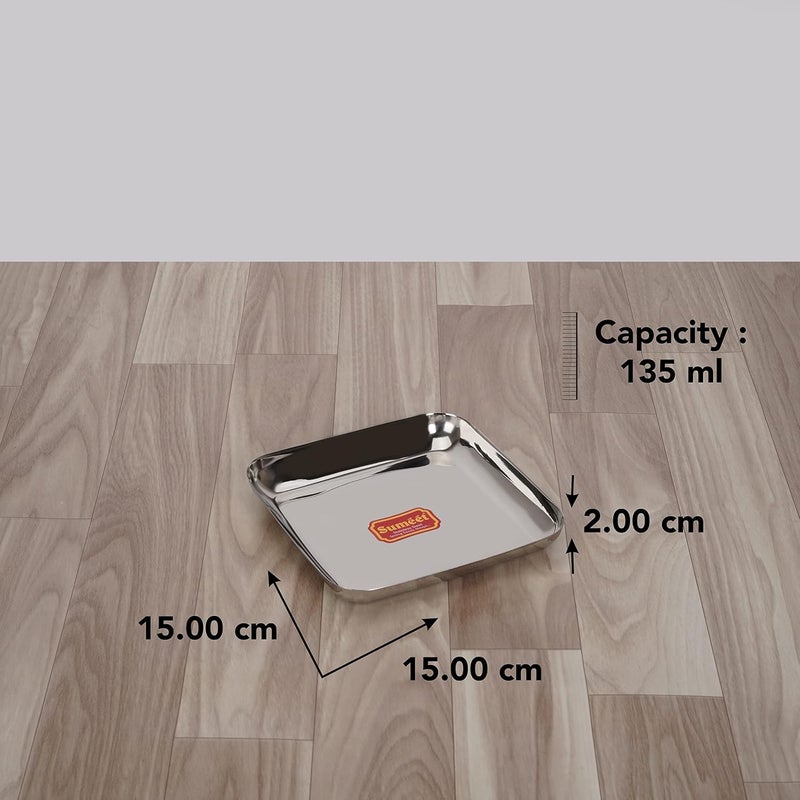 Sumeet Stainless Steel Medium Square Shape Plate/Snacks Plate/Breakfast Plate Set of 6pcs, 15cm dia, Silver - Image 4