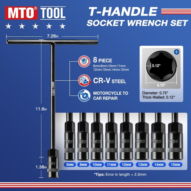 MTO T-Handle Metric Socket Wrench Set, 6-Point (6mm-15mm, 17mm, 19mm) with Hanging Organizer Strap, Cr-V Steel Lug Wrench Hex Socket for Motorcycle Car Bicycle Repair (12 Pack) - Image 2