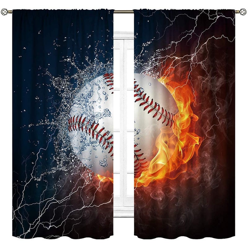 Cinbloo Baseball Curtains Sports Theme for Men 42W x 63L Inch Rod Pocket Ball in Fire Water Flame Lightening Boys Kids Bedroom Decor Art Printed Living Room Window Drapes Treatment Fabric 2 Panels - Image 2