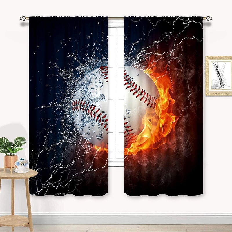 Cinbloo Baseball Curtains Sports Theme for Men 42W x 63L Inch Rod Pocket Ball in Fire Water Flame Lightening Boys Kids Bedroom Decor Art Printed Living Room Window Drapes Treatment Fabric 2 Panels - Image 3