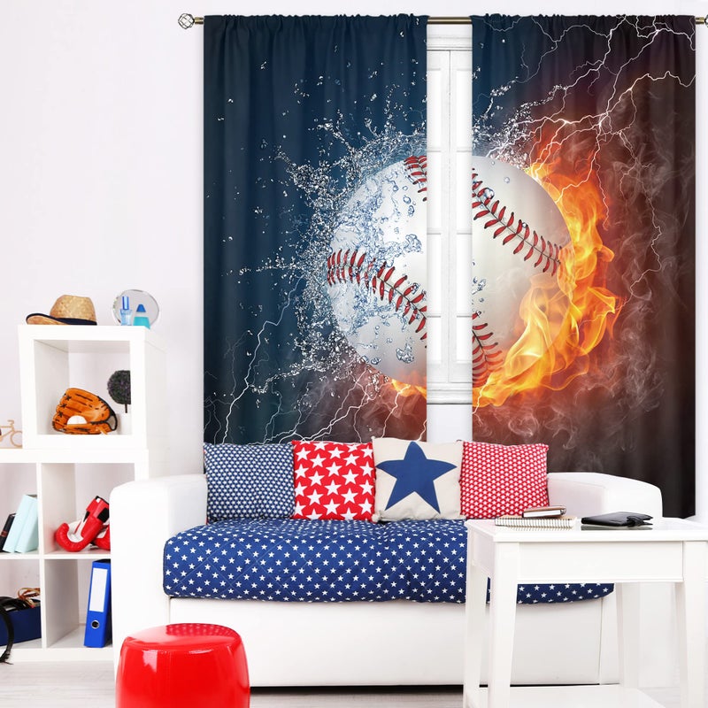 Cinbloo Baseball Curtains Sports Theme for Men 42W x 63L Inch Rod Pocket Ball in Fire Water Flame Lightening Boys Kids Bedroom Decor Art Printed Living Room Window Drapes Treatment Fabric 2 Panels - Image 1