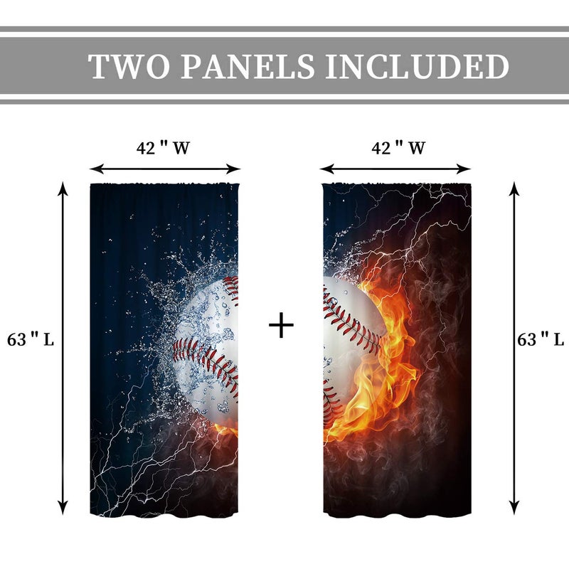 Cinbloo Baseball Curtains Sports Theme for Men 42W x 63L Inch Rod Pocket Ball in Fire Water Flame Lightening Boys Kids Bedroom Decor Art Printed Living Room Window Drapes Treatment Fabric 2 Panels - Image 4