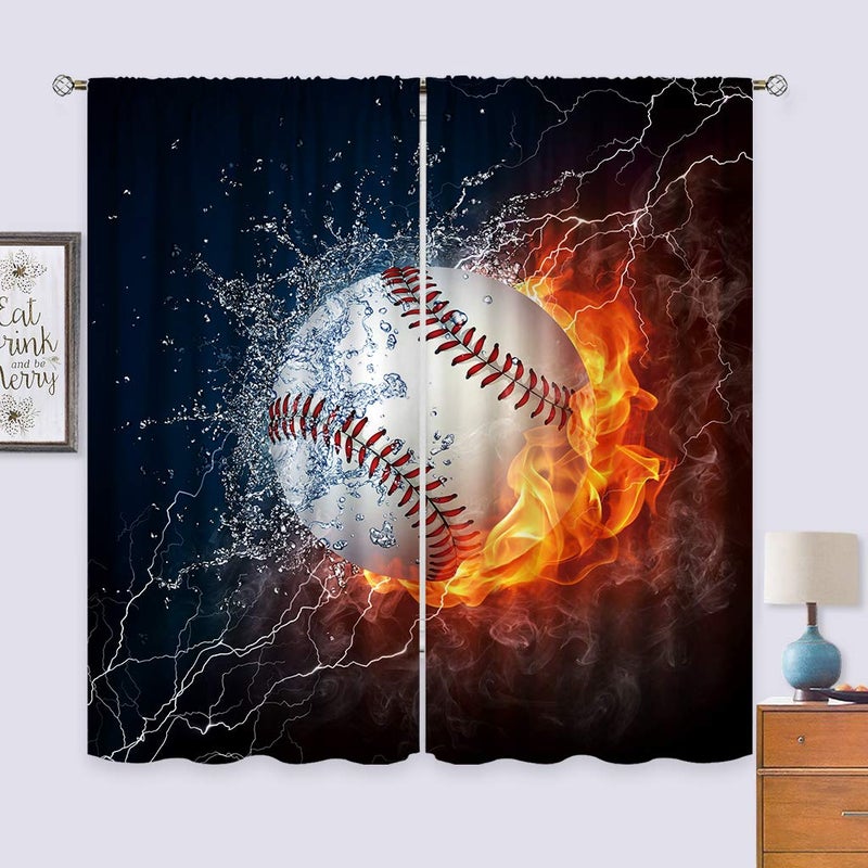Cinbloo Baseball Curtains Sports Theme for Men 42W x 63L Inch Rod Pocket Ball in Fire Water Flame Lightening Boys Kids Bedroom Decor Art Printed Living Room Window Drapes Treatment Fabric 2 Panels - Image 5