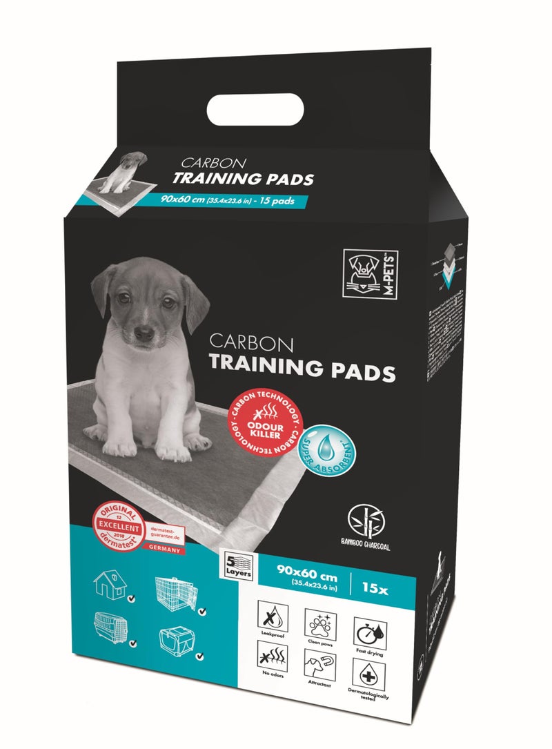 M-PETS Carbon Training Pads, Thicker with 2X Absorption, Eliminates Odour with Carbon Technology, Leak-Proof, Quick Dry for Potty Training, Suitable for Puppies, Senior Dogs - 90x60cm (Pack of 15) - Image 1