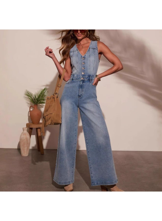 American Summer New Women's Casual V Neck Sleeveless Denim Jumpsuit Pants For Women