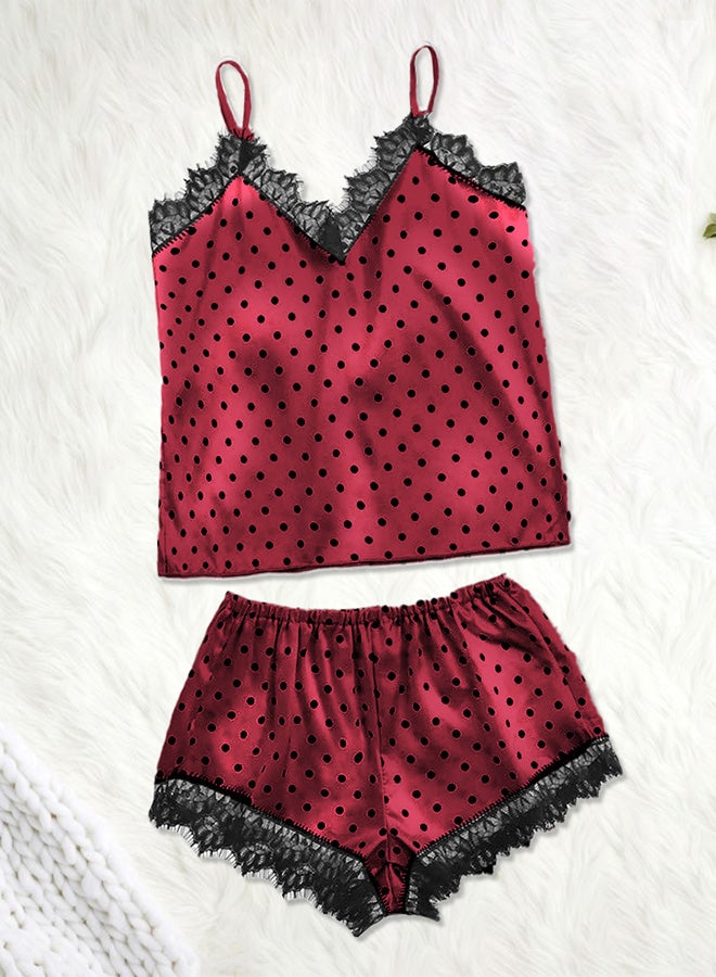 MARGOUN Women XXL Size 2 Piece Lingerie Lace V Neck Tops and Short Set Sleepwear Lingerie Homewear Spotted Print Camisole Satin Set Red/XXL Under Bust: 78-96cm Waist:79-100cm Hip:96-116CM  - Image 5