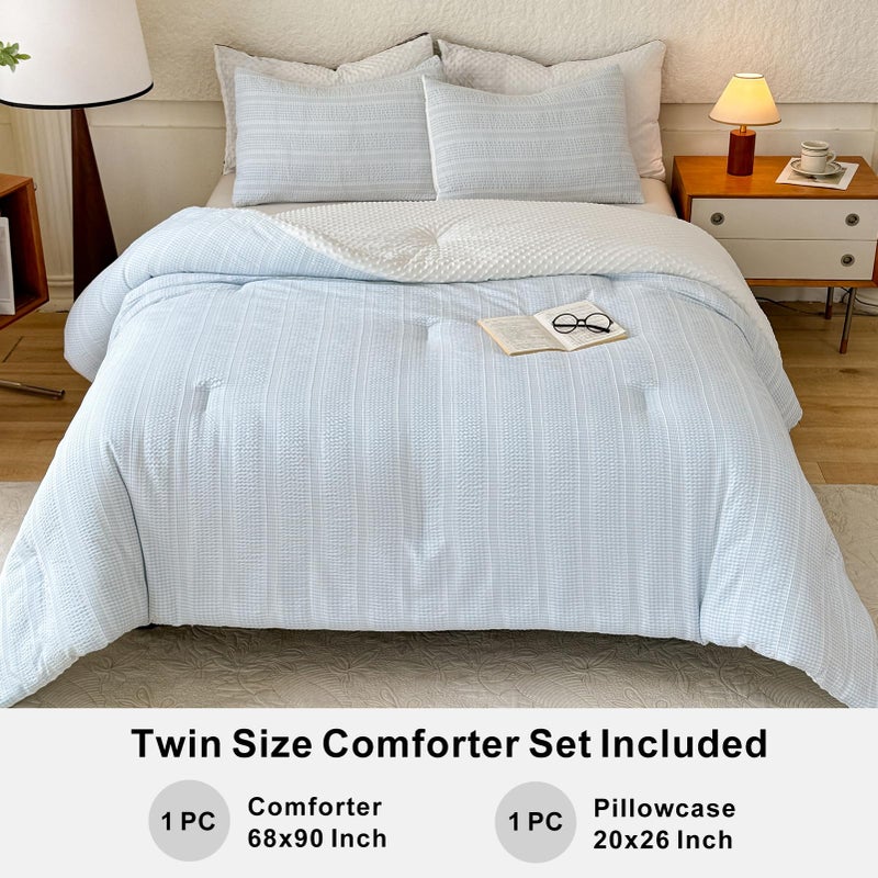 tohrisa Boho Comforter Set Twin Size - 2 Pieces Lightweight Jacquard Seersucker Bedding Sets (1 Soft Fluffy Grid Comforter & 1 Pillowcase) - All Seasons Cozy Modern Bed Set(68"x90" Sky Blue) - Image 5