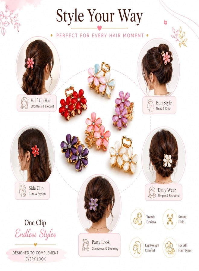 Shanya Floral Hair Claw Clips for Women & Girls - Elegant Gold-Plated Flower Design with Rhinestones | Multicolor Hair Accessories (Pack of 6) - Image 5
