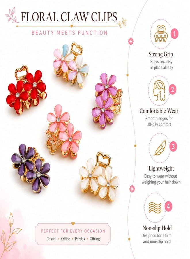 Shanya Floral Hair Claw Clips for Women & Girls - Elegant Gold-Plated Flower Design with Rhinestones | Multicolor Hair Accessories (Pack of 6) - Image 4