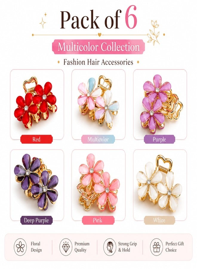 Shanya Floral Hair Claw Clips for Women & Girls - Elegant Gold-Plated Flower Design with Rhinestones | Multicolor Hair Accessories (Pack of 6) - Image 3