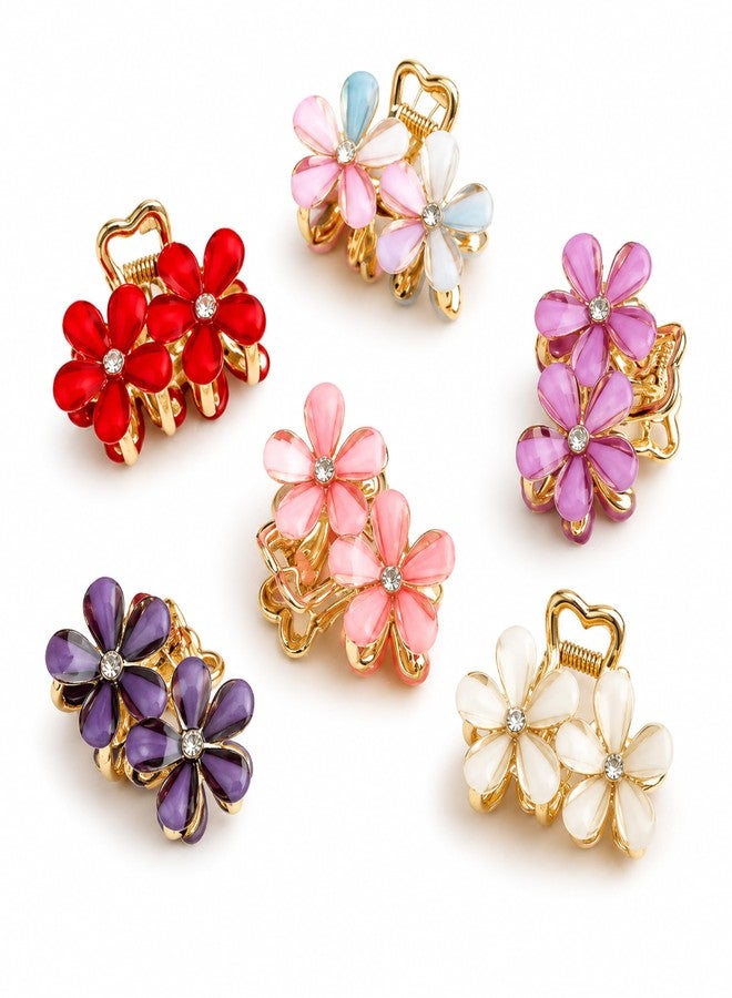 Shanya Floral Hair Claw Clips for Women & Girls - Elegant Gold-Plated Flower Design with Rhinestones | Multicolor Hair Accessories (Pack of 6) - Image 1