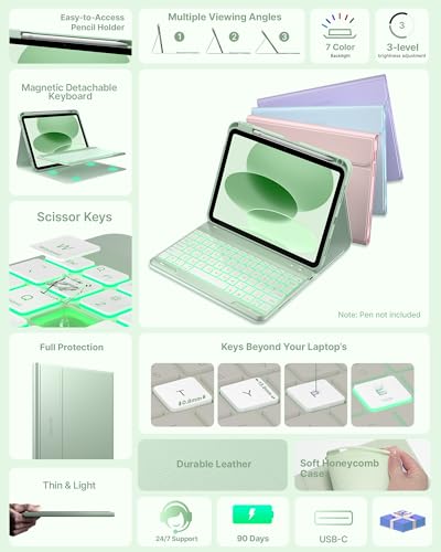 typecase Folio Keyboard Case for iPad 10th Gen 10.9 inch (2022) and iPad 11th (A16, 2025), Magnetic Wireless Detachable Keyboard, 7-Color Backlight, Thin & Light, Pencil Holder – Sage Green - Image 3