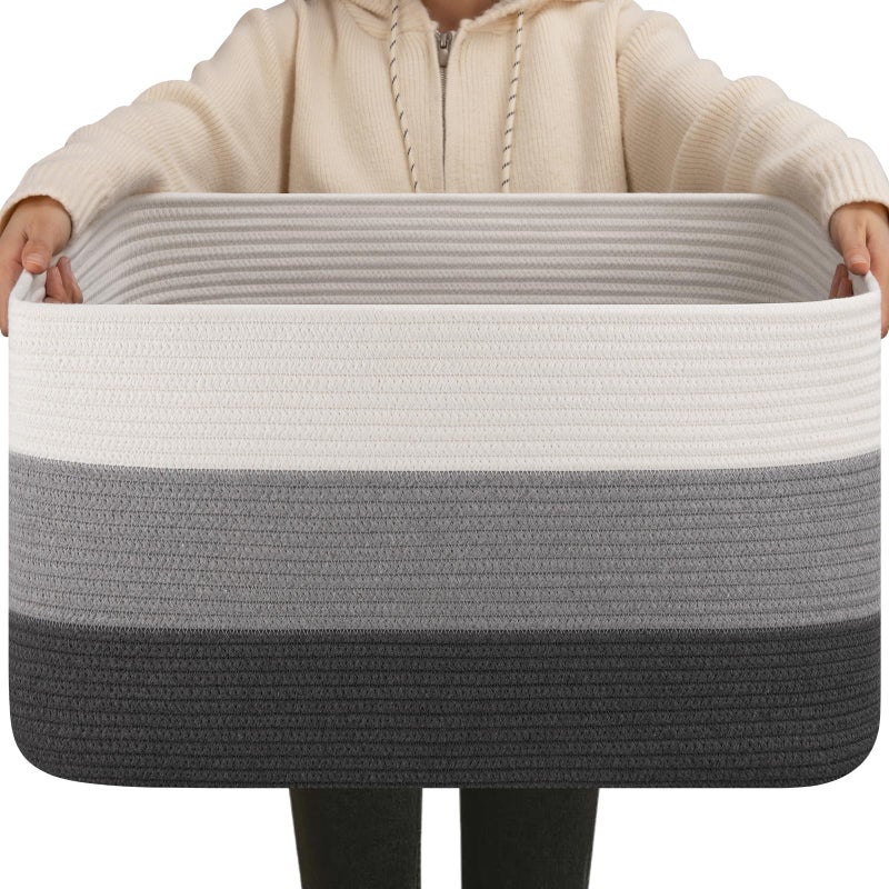 OIAHOMY Large Blanket Basket For Living Room, Rectangle Woven Baskets for Storage, Nursery Toy Storage With Handle-22â€x17â€x12â€-Gradient Dark Grey - Image 1