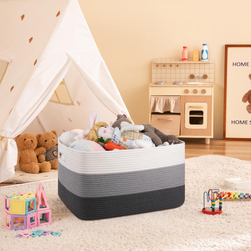 OIAHOMY Large Blanket Basket For Living Room, Rectangle Woven Baskets for Storage, Nursery Toy Storage With Handle-22â€x17â€x12â€-Gradient Dark Grey - Image 2