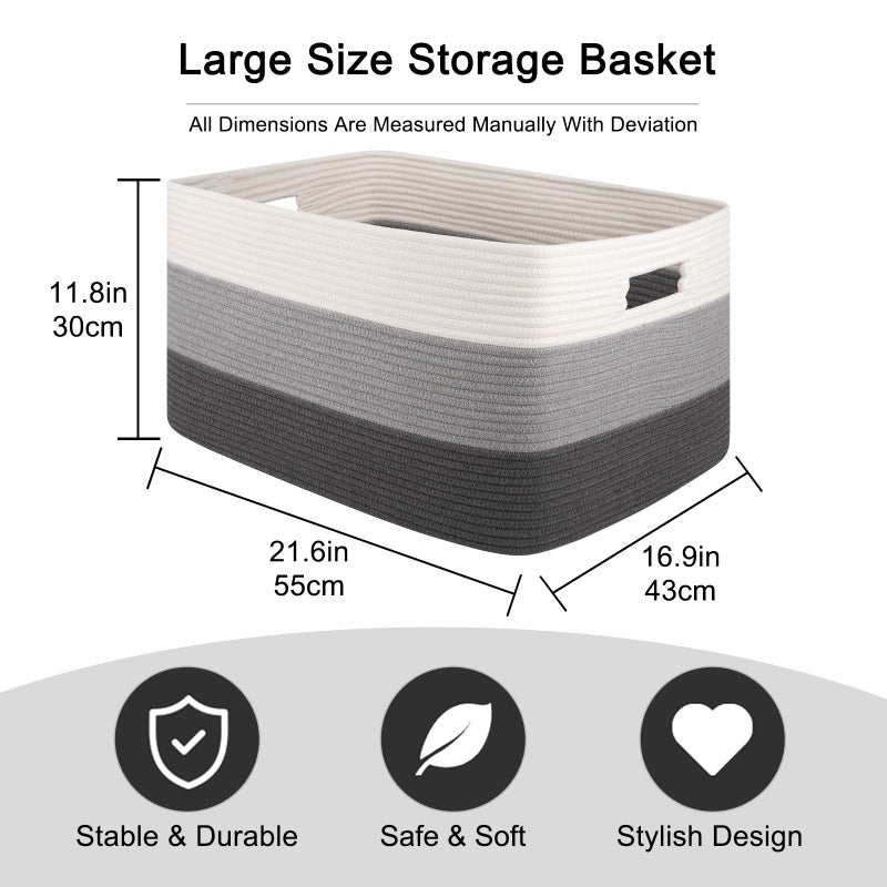 OIAHOMY Large Blanket Basket For Living Room, Rectangle Woven Baskets for Storage, Nursery Toy Storage With Handle-22â€x17â€x12â€-Gradient Dark Grey - Image 3