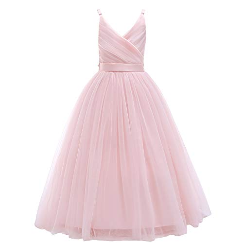Glamulice Girls Lace Bridesmaid Dress Long A Line Wedding Pageant Dresses Tulle Spaghetti Strap Princess Birthday Party Dance Gown Petal Pink Flower Girl Dresses Elegant Kid Holiday Formal Ball Gown 4 - Image 1