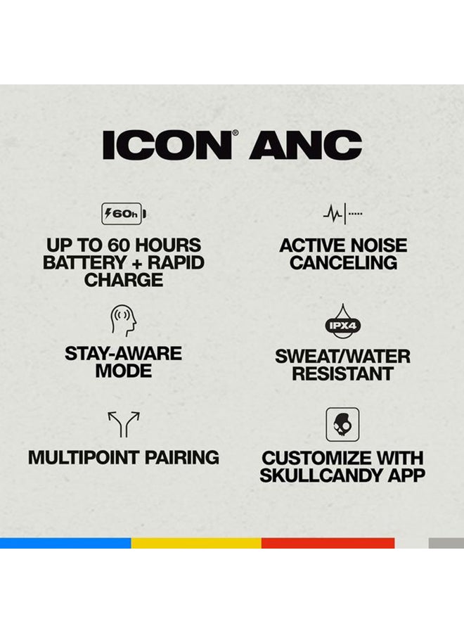 Skullcandy Icon ANC On-Ear Active Noise Cancelling Wireless Bluetooth Headphones, 60 Hr Battery, Microphone, Works with iPhone Android White Bone/Orange Glow - Image 3