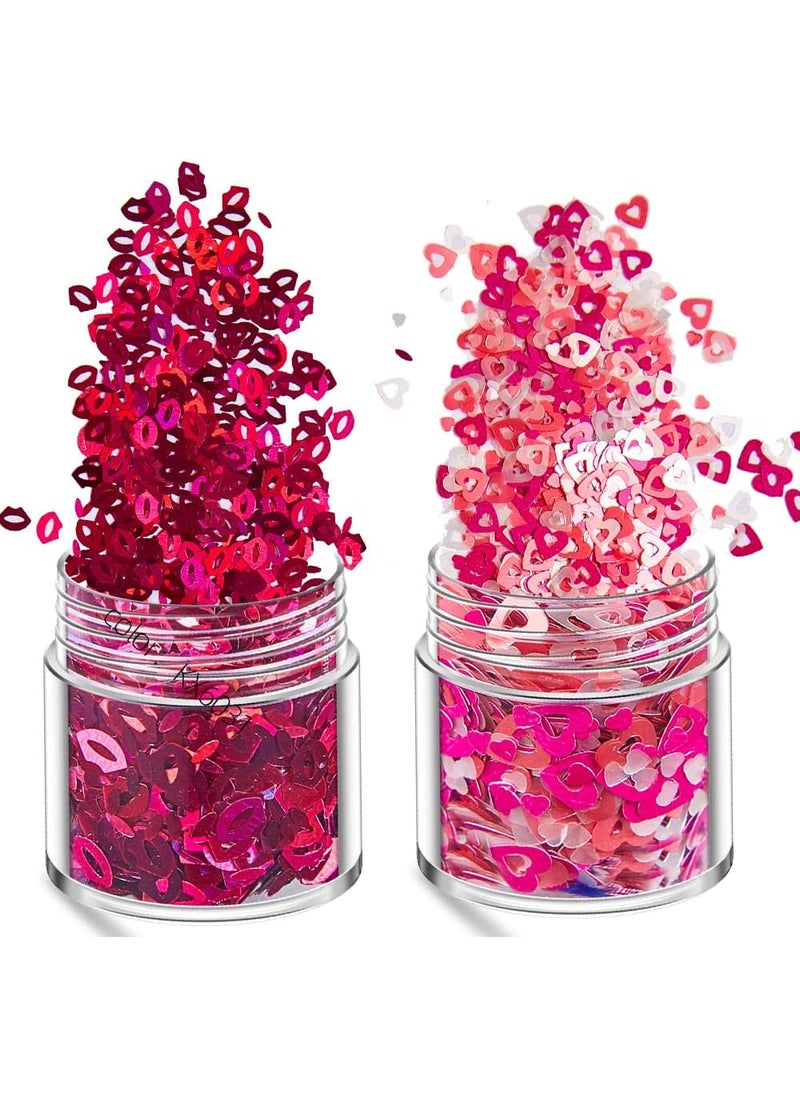 BASEMMAHER Valentines Nail Art Heart Shaped Flakes 2 Pot Nail Art Holographic Glitter Spring, 3D Metallic Maple Glitter Nail Art Design Spangles for Acrylic Nail Kit Manicure Decorations 