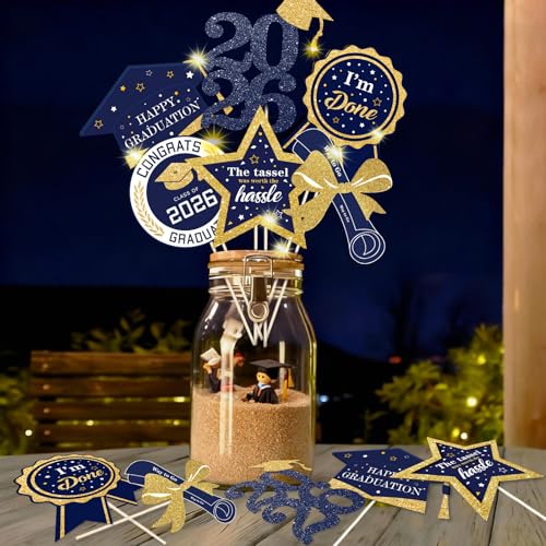 kockuu Graduation Party Centerpieces Decorations for Tables Class of 202630pcs Glitter Navy Blue and Gold Graduation Table Centerpieces Sticks with LED String Lights for Graduation Party Decor Supplies - Image 1