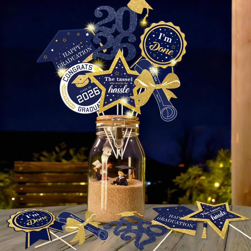 kockuu Graduation Party Centerpieces Decorations for Tables Class of 202630pcs Glitter Navy Blue and Gold Graduation Table Centerpieces Sticks with LED String Lights for Graduation Party Decor Supplies - Image 2