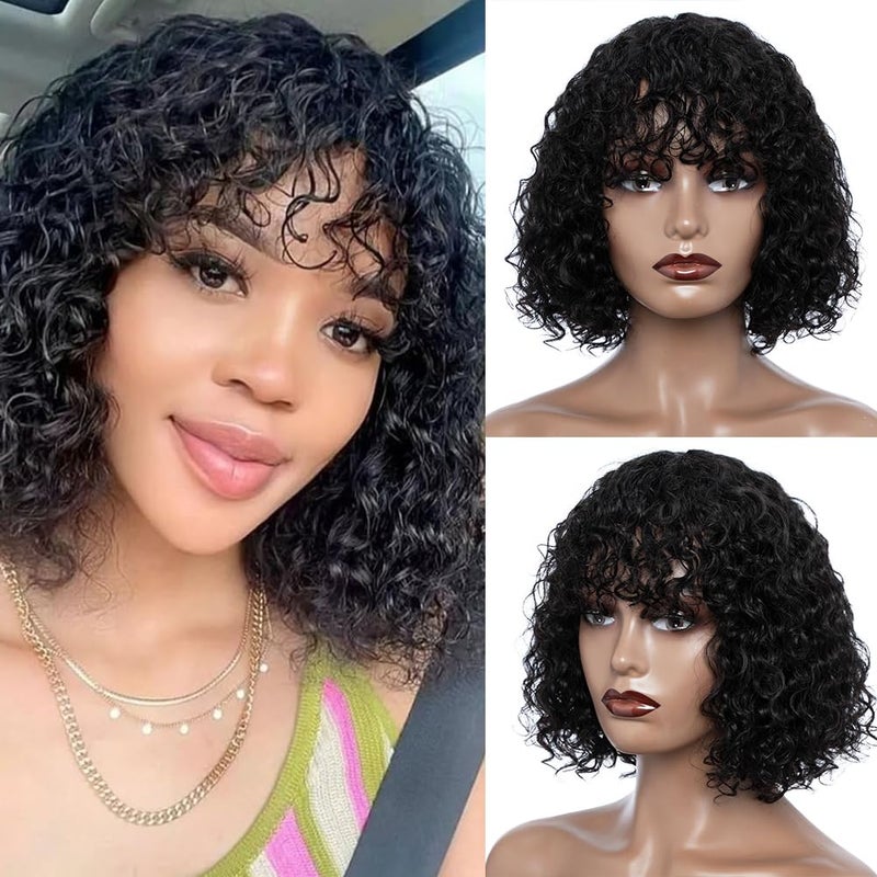 JOEDIR HAIR Short Curly Wig with Bangs Human Hair for Women 10 inch Natural Black Short Water Wave Curly Bob Wig Glueless Wig 150 Density