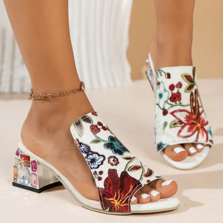 2025 Autumn New Casual Floral Fashion Lightweight Women'S Large Size Peep-Toe Chunky Mid-Heel Mules - Image 3