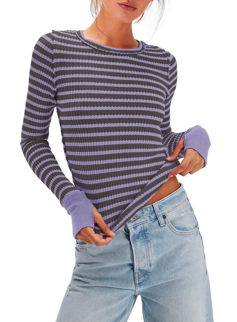 Panadila Womens Striped Long Sleeve Shirts Crewneck Waffle Knit Tops Casual Fitted T Shirts Fall Outfits (Purple Grey Combo,M) - Image 2