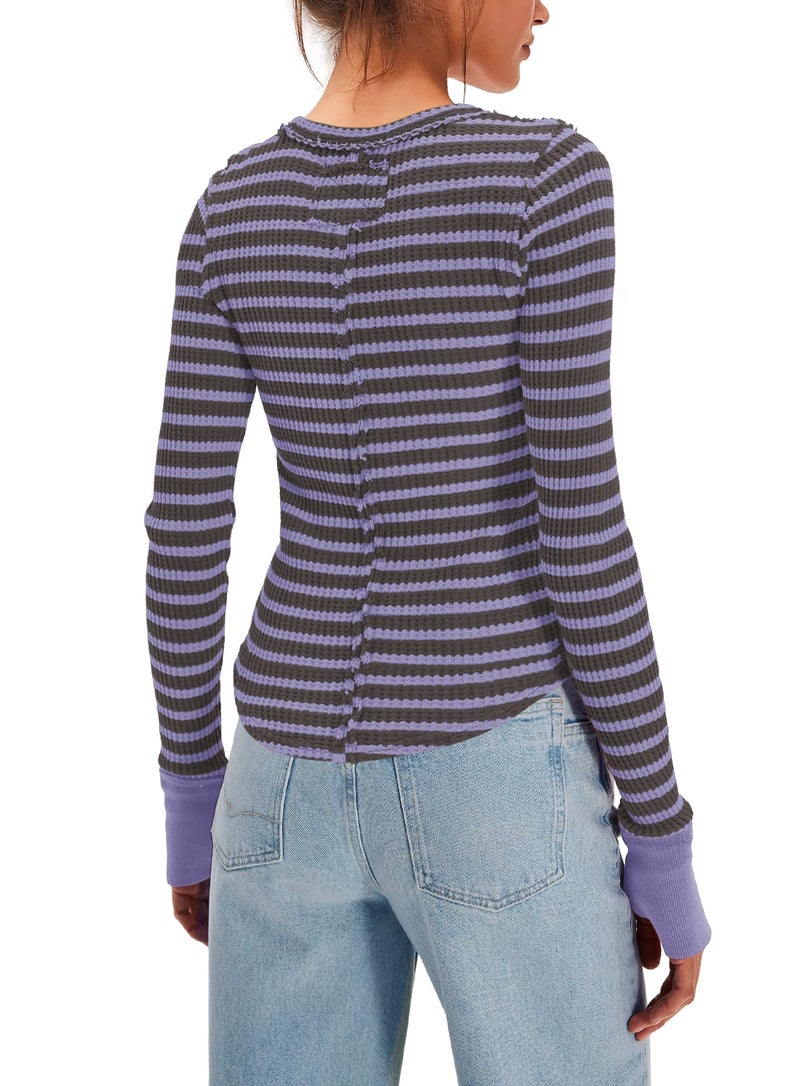 Panadila Womens Striped Long Sleeve Shirts Crewneck Waffle Knit Tops Casual Fitted T Shirts Fall Outfits (Purple Grey Combo,M) - Image 3