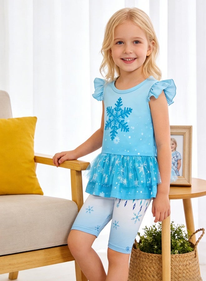 DISAUR 4t Outfits Girls 3t-4t Girls Clothes Snowflakes Blue Princess Ruffle Short Sleeve Mesh Hem Tops and Shorts for 3t 4t - Image 2