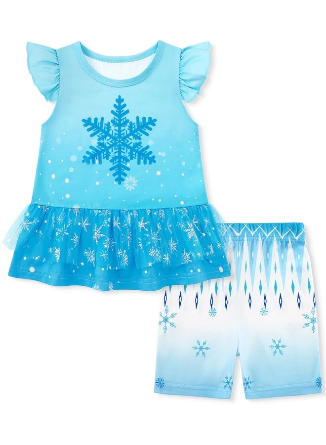DISAUR 4t Outfits Girls 3t-4t Girls Clothes Snowflakes Blue Princess Ruffle Short Sleeve Mesh Hem Tops and Shorts for 3t 4t - Image 1