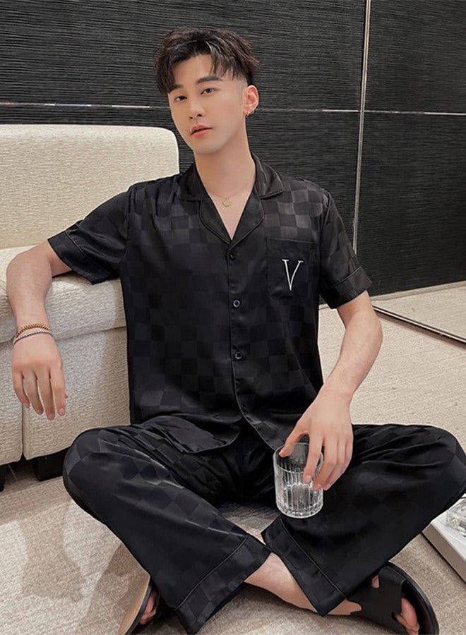 MARGOUN Pajama XXXL Men Pajamas Houndstooth Ice Silk Homewear Sleep Suit Nightwear Short Sleeve Sleepwear Black  - Image 1