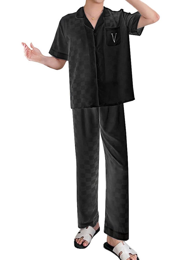 MARGOUN Pajama XXXL Men Pajamas Houndstooth Ice Silk Homewear Sleep Suit Nightwear Short Sleeve Sleepwear Black  - Image 2