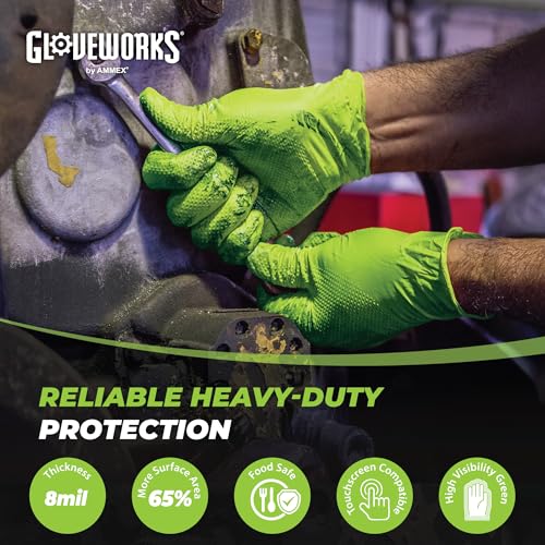 GLOVEWORKS HD Green Nitrile Gloves Large, 8 mil Nitrile Disposable Gloves with Raised Diamond Grip, 2 Boxes of 100 Gloves - Image 2