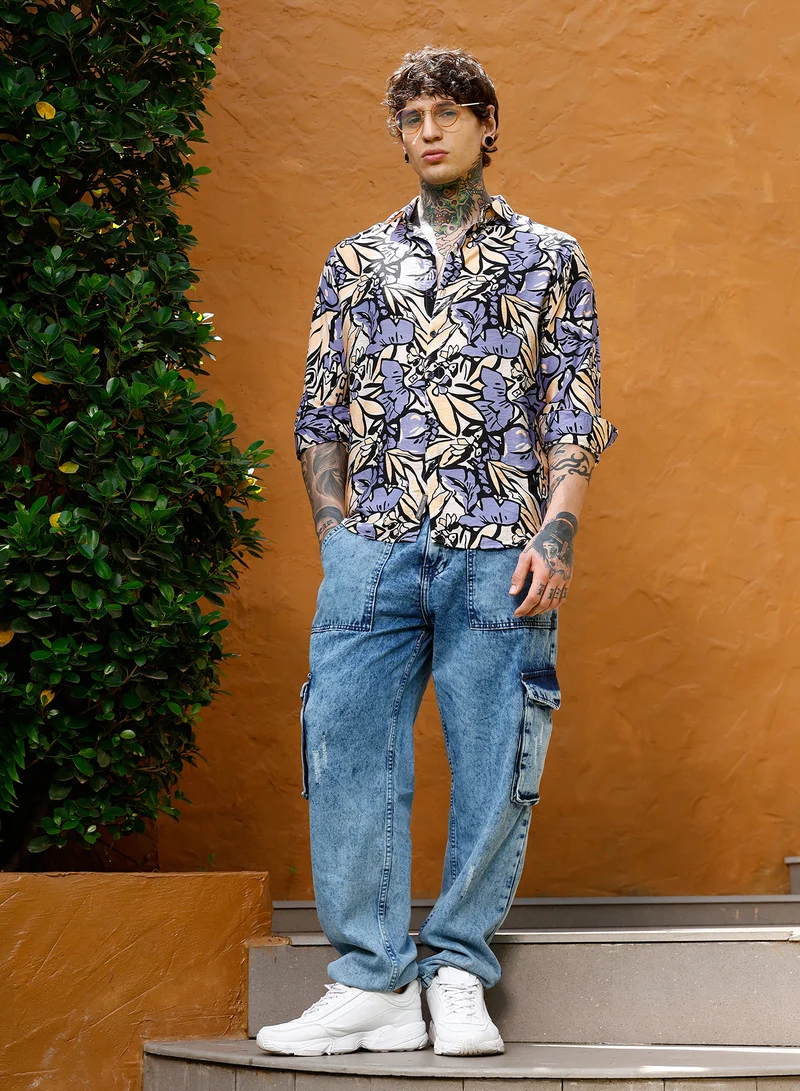 Campus Sutra Campus Sutra Men Cluster-Botanical Imprint Shirt | Spread Collar Long Cuffed Sleeves | Button Closure Curved Hem | Floral-Print Plain | Woven Fabric For Casual & Daily Wear | Steel Blue & Ecru Beige