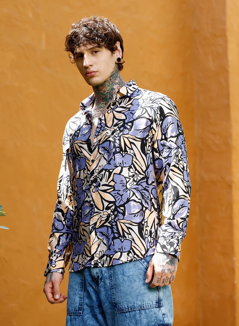 Campus Sutra Campus Sutra Men Cluster-Botanical Imprint Shirt | Spread Collar Long Cuffed Sleeves | Button Closure Curved Hem | Floral-Print Plain | Woven Fabric For Casual & Daily Wear | Steel Blue & Ecru Beige