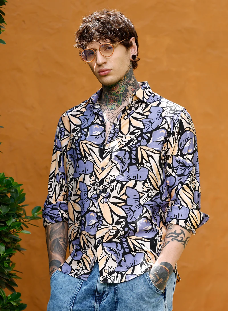 كامبوس سوترا Campus Sutra Men Cluster-Botanical Imprint Shirt | Spread Collar Long Cuffed Sleeves | Button Closure Curved Hem | Floral-Print Plain | Woven Fabric For Casual & Daily Wear | Steel Blue & Ecru Beige