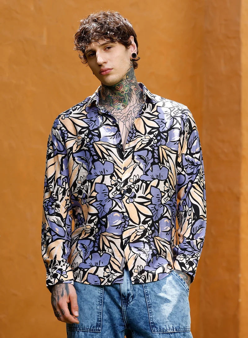 كامبوس سوترا Campus Sutra Men Cluster-Botanical Imprint Shirt | Spread Collar Long Cuffed Sleeves | Button Closure Curved Hem | Floral-Print Plain | Woven Fabric For Casual & Daily Wear | Steel Blue & Ecru Beige