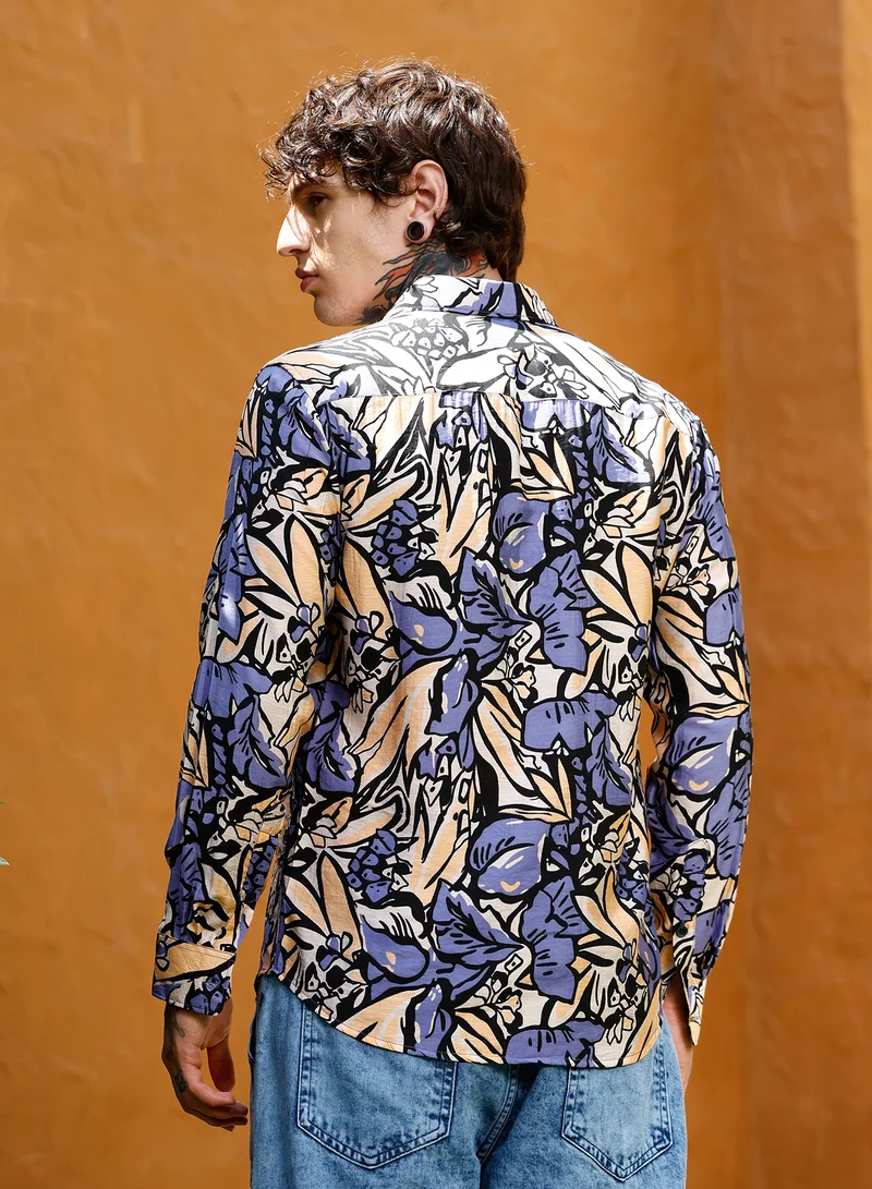 Campus Sutra Campus Sutra Men Cluster-Botanical Imprint Shirt | Spread Collar Long Cuffed Sleeves | Button Closure Curved Hem | Floral-Print Plain | Woven Fabric For Casual & Daily Wear | Steel Blue & Ecru Beige
