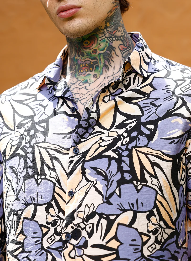 Campus Sutra Campus Sutra Men Cluster-Botanical Imprint Shirt | Spread Collar Long Cuffed Sleeves | Button Closure Curved Hem | Floral-Print Plain | Woven Fabric For Casual & Daily Wear | Steel Blue & Ecru Beige