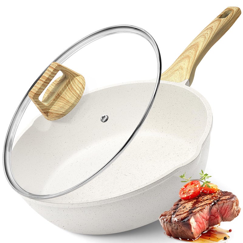 GiPP Nonstick Deep Frying Pan  43L White Granite Saute Pan with Lid Pour Spout and StayCool Handle Non Stick Skillet Non Toxic Cooking Pan Induction Cookware PFOA Free White 28cm