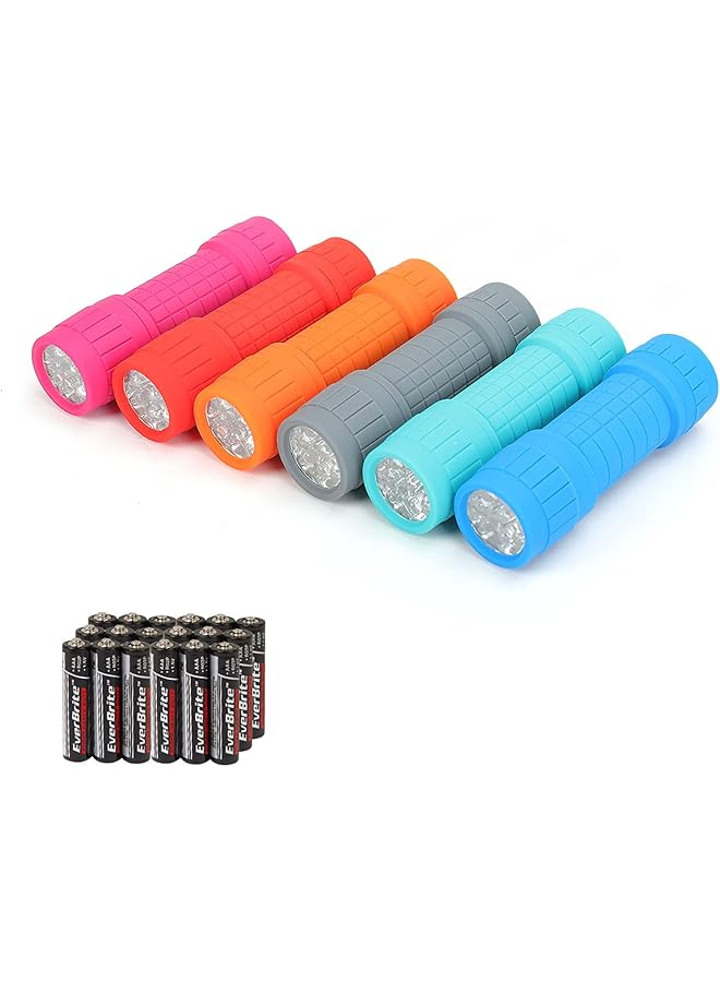 EverBrite 9-LED Flashlight 6-Pack Compact Handheld Torch Assorted Colors with Lanyard 3AAA Battery Included (Hurricane Supplies, Camping), Gift to Halloween, Christmas